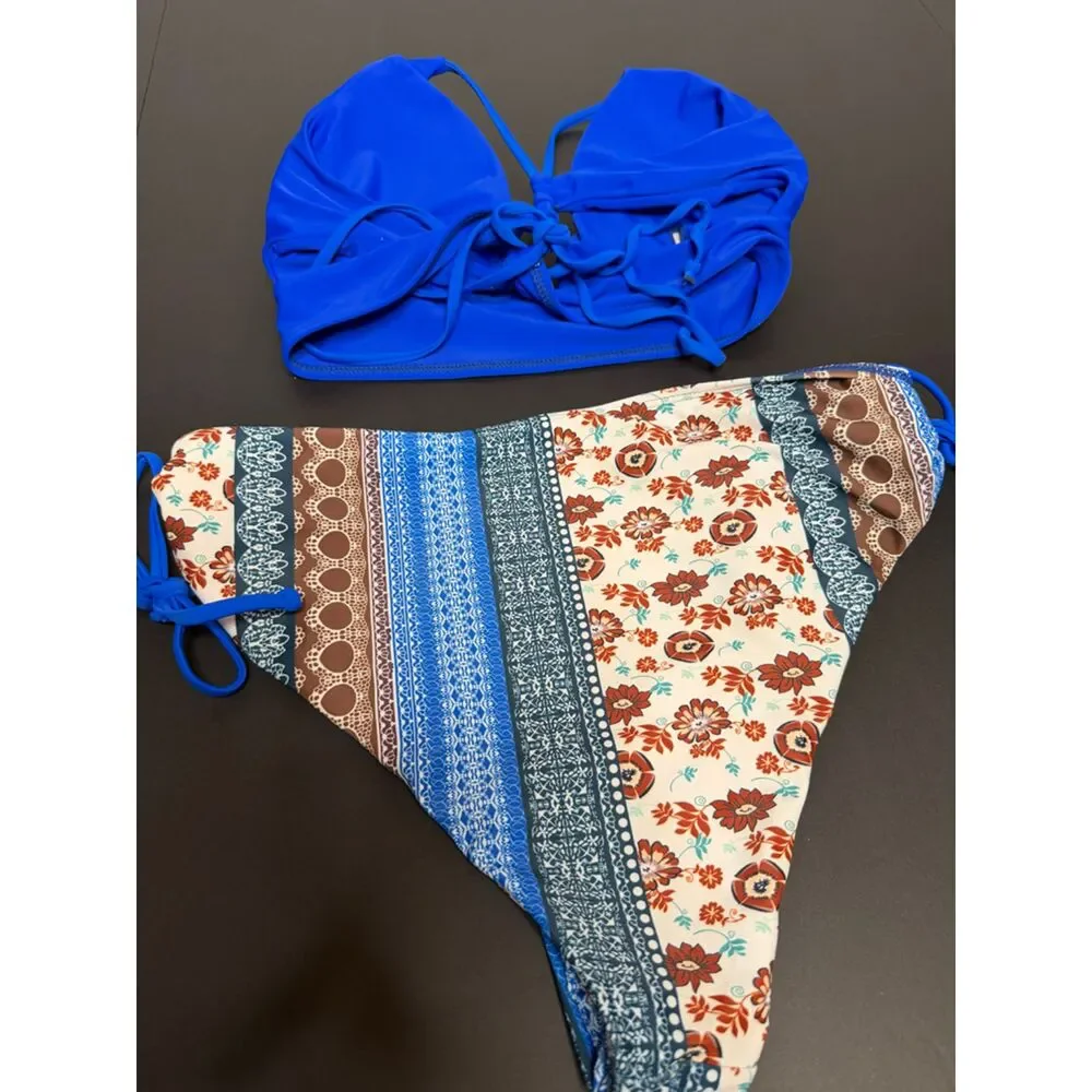 Women's Size L Blue Floral Two-Piece Bikini Set Tie Side Boho Swimwear Swimsuit